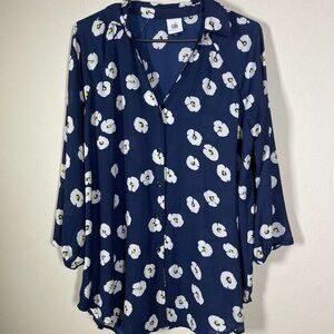Cabi #5705 Go To Button Up Blouse Size Small Navy White Floral 3/4 Sleeve Sheer!